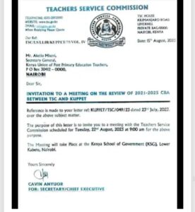 Memo on invitation of kuppet and tsc to a meeting on review of 2021-2025 CBA 