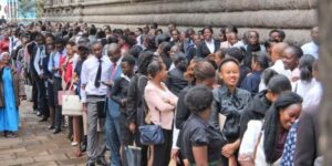 A clear photo of job seekers in Nairobi queueing for job interviews. /Photo courtesy 